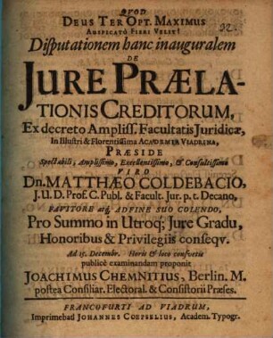 Disputationem hanc inaug. de iure praelationis creditorum