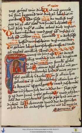 (85r) Eingeklebte Initiale (Q), weibliche Figur (Maria).