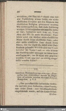 VII. Ienaisches Weihnachtsprogr. von 1790. "Praemissae sunt observationes morales de obligatione ad normam quandam doctrinae Ecclesiae Evangelicae. 4. S. 8.