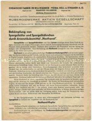 Bekämpfung von Spargelkäfer und Spargelhähnchen durch Arsenstäubemittel "Hestanol"