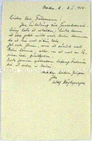 Brief des Malers Adolf Köglsperger an den Maler Paul Fuhrmann zur Einladung einer Generalversammlung der Künstlervereinigung "Die Zeitgemäßen" (Die Abstrakten) - Sachkonvolut