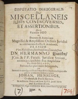 Disputatio Inauguralis De Miscellaneis Iuris Controversiis, Et Assertionibus