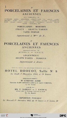 Porcelaines et faiences anciennes : des fabriques de Allemagne, Amstel, Angleterre, Chine, ... ; porcelaines, montres, émaux, objets varies, tapis persan appartenant à Mmes de X