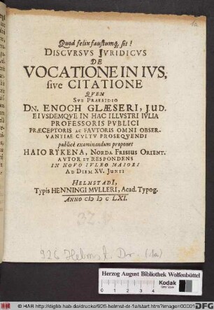 Discursus Iuridicus De Vocatione In Ius, sive Citatione