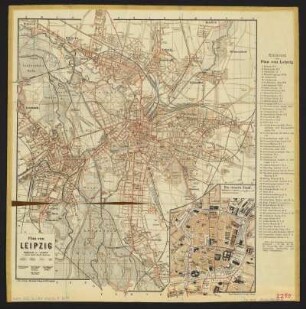 Plan von Leipzig, 1:25 000, Innenstadt 1:10 000, 1915 : Plan von Leipzig. - 1:25 000. - Leipzig : Gaebler ; Leipzig : Woerl , [ca. 1915]. - 1 Kt. : mehrfarb. ; 34 x 40 cm. - Mit 1 Nebenkt. u.d.T.: Die innere Stadt. - Maßstab 1:10000
