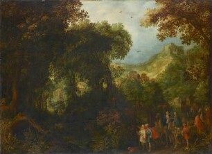 Waldige Berglandschaft mit dem Heimzug des Tobias
