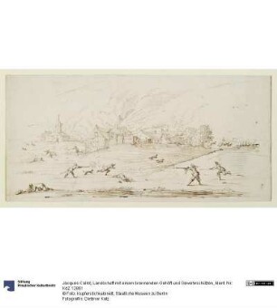 Landschaft mit einem brennenden Gehöft und Gewehrschützen