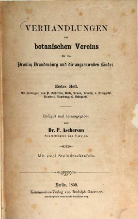 Verhandlungen des Botanischen Vereins für die Provinz Brandenburg und die Angrenzenden Länder. 1. 1859