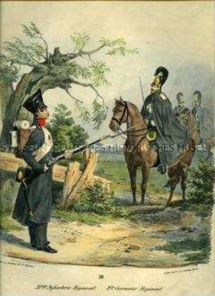 Uniformdarstellung, Infanterist des 31. Infanterie-Regiments, Kürassier des 8. Kürassier-Regiments zu Pferd, Preußen 1830. Aus: Elzholz u.a.: Das Preussische Heer. Tafel 39.