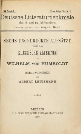 Sechs ungedruckte Aufsätze über das klassische Altertum