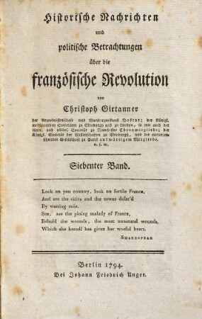 Historische Nachrichten und politische Betrachtungen über die französische Revolution, Siebenter Band