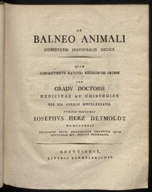 De Balneo Animali : Dissertatio Inauguralis Medica ; Die XII. Aprilis MDCCLXXXXVII.