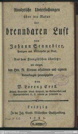Analytische Untersuchungen über die Natur der brennbaren Luft
