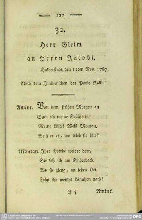 32. Herr Gleim an Herrn Jacobi. Halberstadt den 11ten Nov. 1767