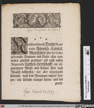 Nachdem sowohl Beyde Regierende Römisch-Käyserl. Majestäten Ihre bis daher gebrauchte Brunnen- und Bade-Cur nunmehro glücklich geendiget ...
