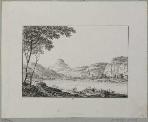 Die Sächsische Schweiz bei Schandau (Bad Schandau) vom linken Elbufer nach Nordosten über die Elbe, im Hintergrund Lilienstein, aus den "70 Mahlerischen An- und Aussichten der Umgegend von Dresden ..." von Richter