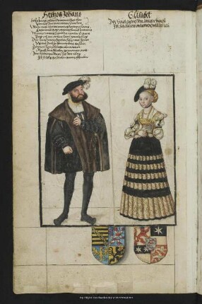Bl. 93v: Hertzog Johans, Elisabet [beide aufklappbar] : Johann 1498-1537 (S.d. Georg des Bärtigen) oo Elisabeth v. Hessen, T.d. Wilhelm II.