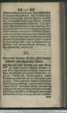XII. Bilancia der in denen Käyserl. Erb-Landen fallender und abgehender Güter