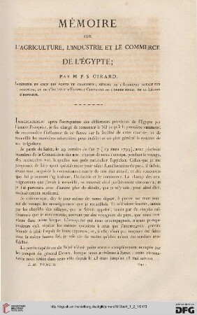 Mémoire sur l'agriculture, l'industrie et le commerce de l'Égypte