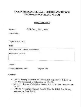 Head Supervisor, Lutheran School Ranchi, Government Circulars