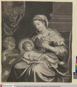 [Maria hält dem Jesuskind eine Nelke hin, das sie auf dem Schoß hält, daneben Johannes der Täufer mit einem Blumenkorb; La Vierge, l'Enfant Jésus et S. Jean Baptiste]