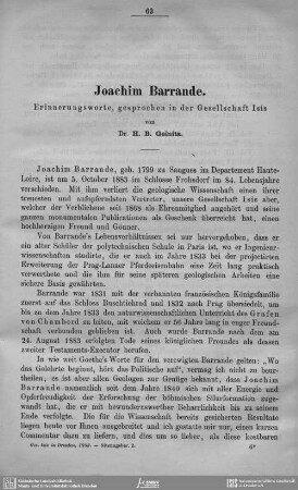 Joachim Barrande, Erinnerungsworte