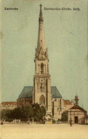Postkartenalbum August Schweinfurth mit Karlsruher Motiven. "Karlsruhe - Bernhardus-Kirche, kath."