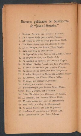 Números publicados del suplemento de "Joyas literarias"