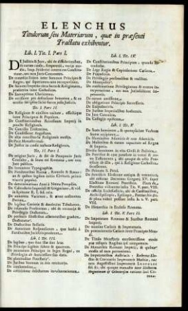 Elenchus Titulorum seu Materiarum, quae in praesenti Tractatus exhibentur.