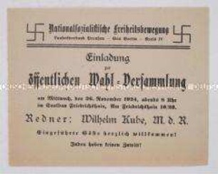 Einladung zu einer Wahlversammlung der Nationalsozialistischen Freiheitsbewegung mit dem späteren NSDAP-Gauleiter Wilhelm Kube
