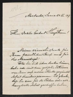 Brief von Selma Lagerlöf an Gerhart Hauptmann