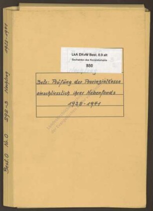Rechnungswesen: Prüfung der Westfälischen Provinzial-Synodal-Kasse einschließlich ihrer Nebenfonds, abgegeben von der Landeskirchenkasse August 1987