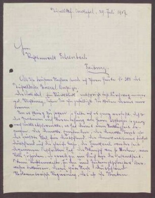 Schreiben von Wilhelm Erbach, Professor in Düsseldorf, an Constantin Fehrenbach, Ablehnung der Friedensresolution