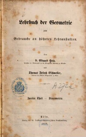 Lehrbuch der Geometrie zum Gebrauche an höheren Lehranstalten, 2. Stereometrie
