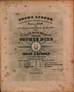 Sechs Lieder in oberbayerischer Mundart : gedichtet von Franz von Kobell ; für 1 Stimme mit Begl. d. Pianoforte, 2. Nr. 4-6. op. 24. - [1844]. - Pl.Nr. 389. - 11 S.
