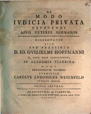 De Modo Ivdicia Privata Exercendi Apvd Veteres Germanos : Dissertatio