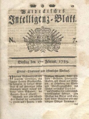 No. 7, Dinstag den 17ten Februar 1789