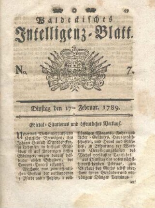 No. 7, Dinstag den 17ten Februar 1789