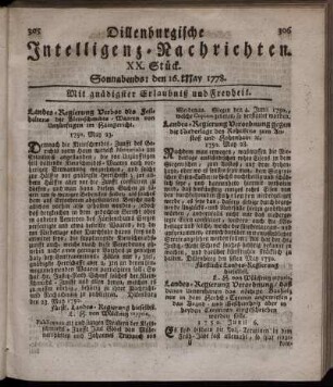 XX. Stück. Sonnabends: den 16. May 1778.