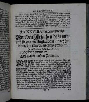 Die XXVIII. Glaubens-Predig/ Von den Ursachen des unter uns so grossen Unglaubens/ nach Anleitung der Klag-Worten des Propheten.