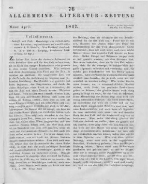Auerbach, B.: Schrift und Volk. Grundzüge der volksthümlichen Literatur, angeschlossen an eine Charakteristik R. J. P. Hebel's. Leipzig: Brockhaus 1846