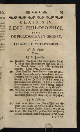 79-114, Classis IV. Libri Philosophici, ... - Classis VI. Scriptores Rerum Oeconomicarum et Cameralium
