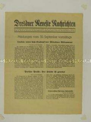 Nachrichtenblatt der "Dresdner Neueste Nachrichten" über Reaktionen in Großbritannien und Frankreich auf das Münchner Abkommen