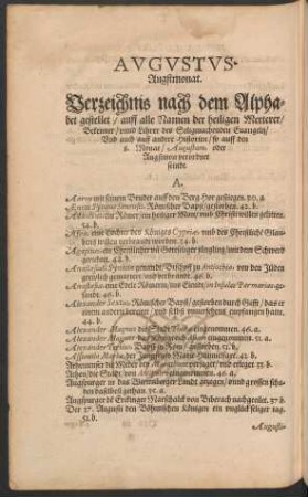 Augustus. Augstmonat. Verzeichnis ...