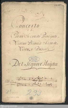 Concertos - Mus.3356-O-503 : cor, strings - D; Hob VIId:4