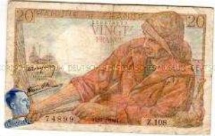 Geldschein (20 Franc) mit aufgeklebtem Hitler-Porträt