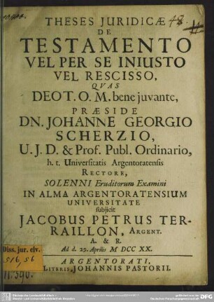 Theses Iuridicae De Testamento Vel Per Se Iniusto Vel Rescisso