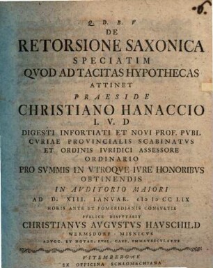 De Retorsione Saxonica Speciatim Quod Ad Tacitas Hypothecas Attinet