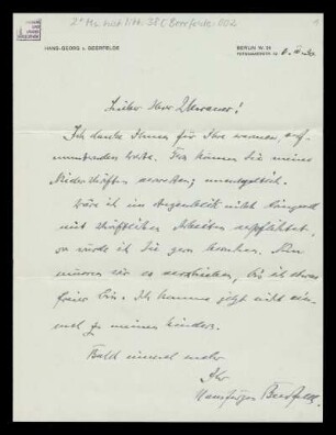 Brief von Hans Georg von Beerfelde an Wilhelm Schwaner