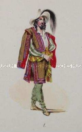 Mann in braunem Kostüm mit Streifenborten und großem Federhut - Tafel aus Franceschini/Neue Kostümsammlung (Kassette 3)
